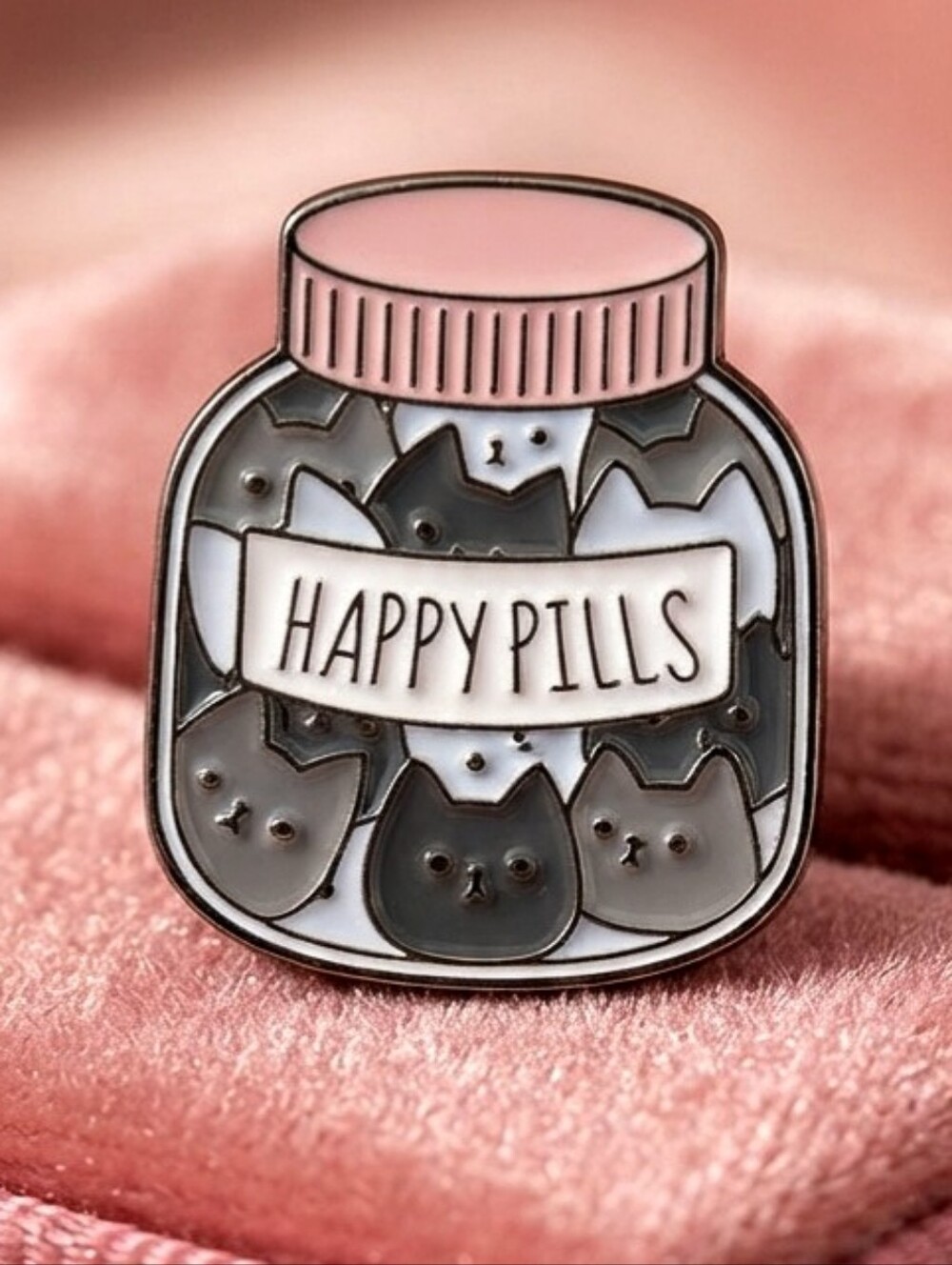 Cartoon Happy Pills Medicine Bottle Cute Kawaii Kitten Cat Lady Lover Lapel Badg